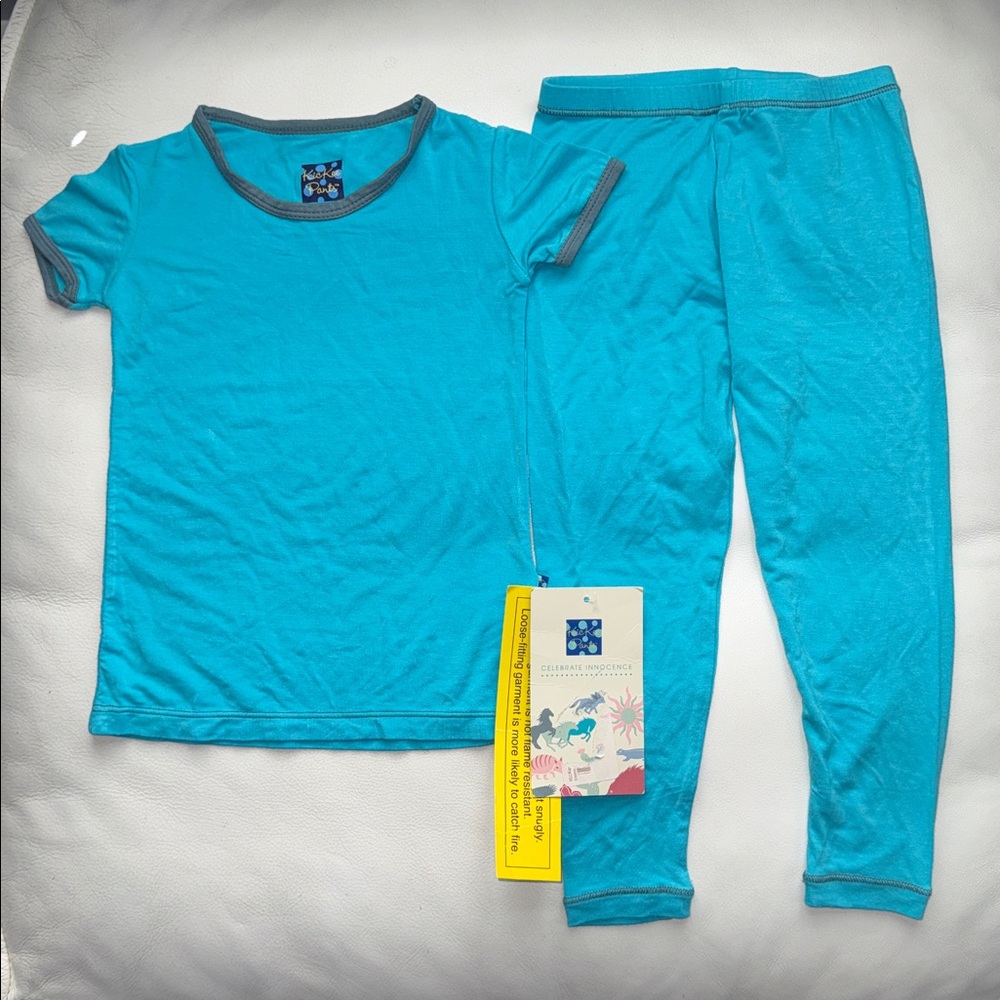 NWT Kickee Pants Short Sleeve Toddler Boy Bamboo Pajama Set Blue, 3t